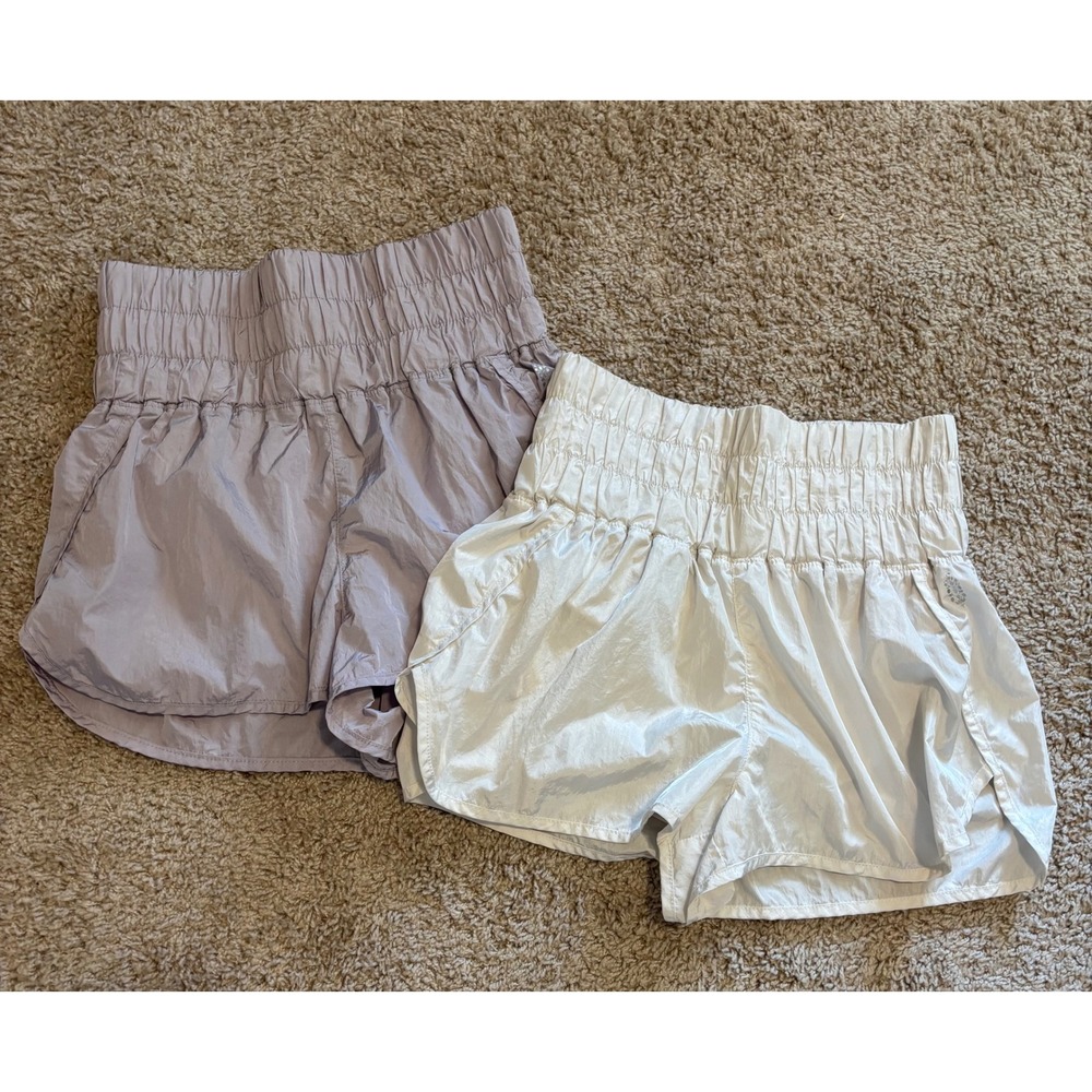 FP Movement by Free People Ruched Waist Athletic Shorts — Lavender and Ivory